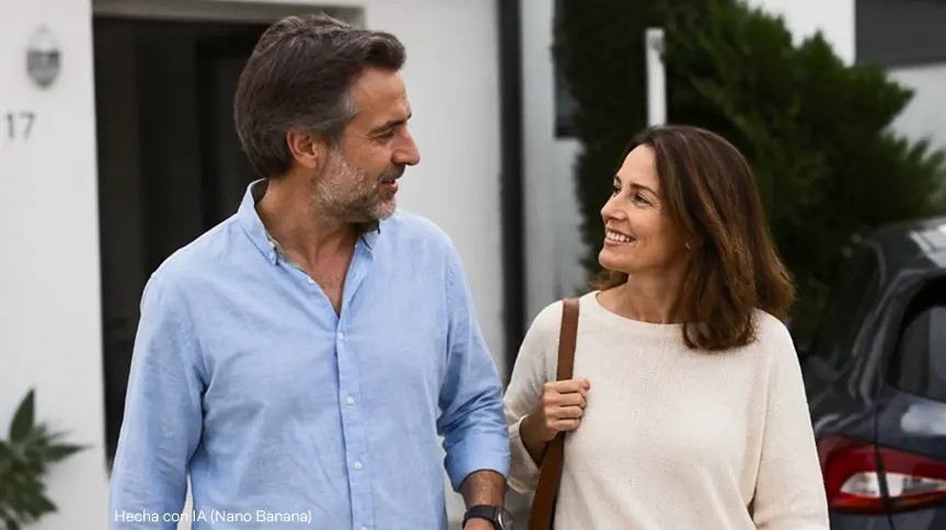 pareja delante de casa con coche aparcado