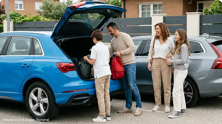 familia delante de dos coches